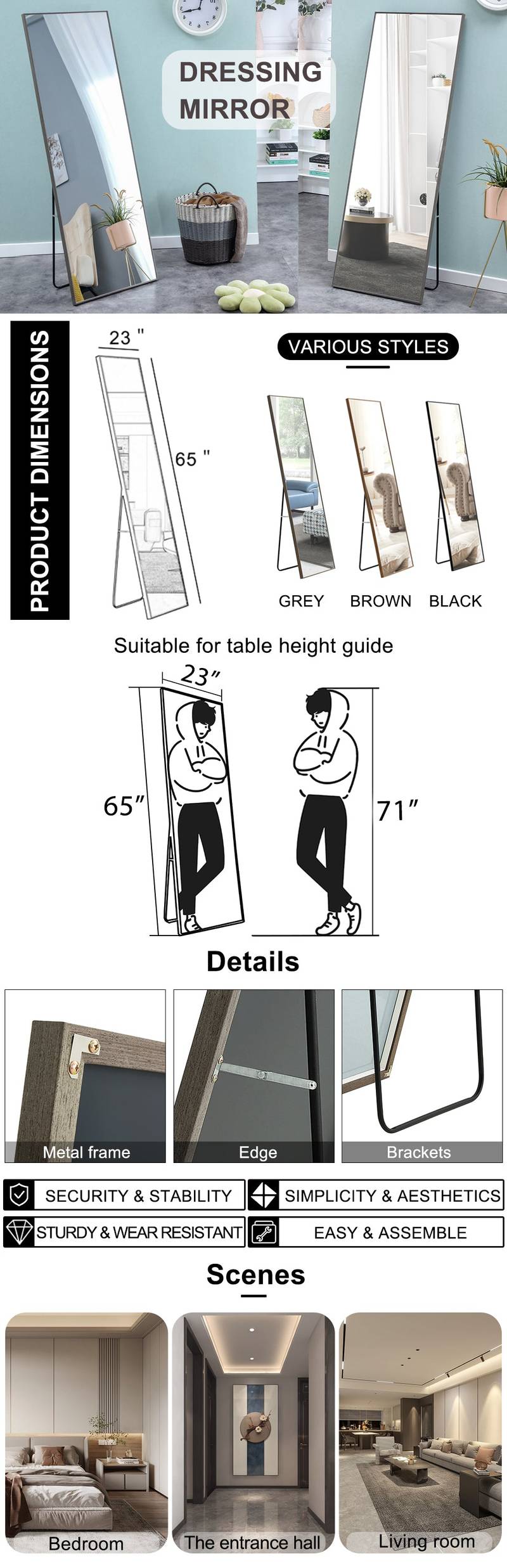 Chic Gray Full-Length Dressing Mirror