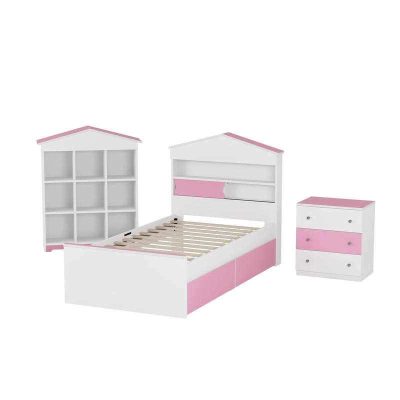 Charming Twin House Bed Set with Storage and Nightstand in Pink and White