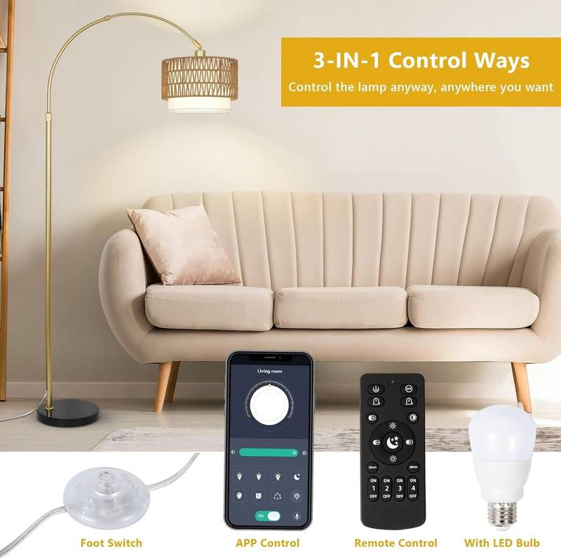 Cozy Rattan Arc Lamp with Remote & Dimming Features