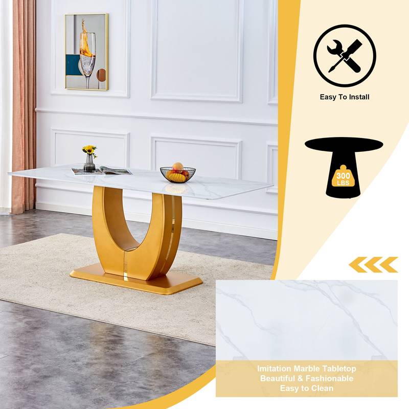 Elegant Marble-Style Dining & Desk Table with Gold Legs