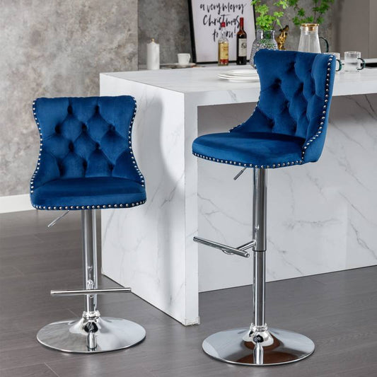 Chic Velvet Swivel Barstools - Set of Two in Blue
