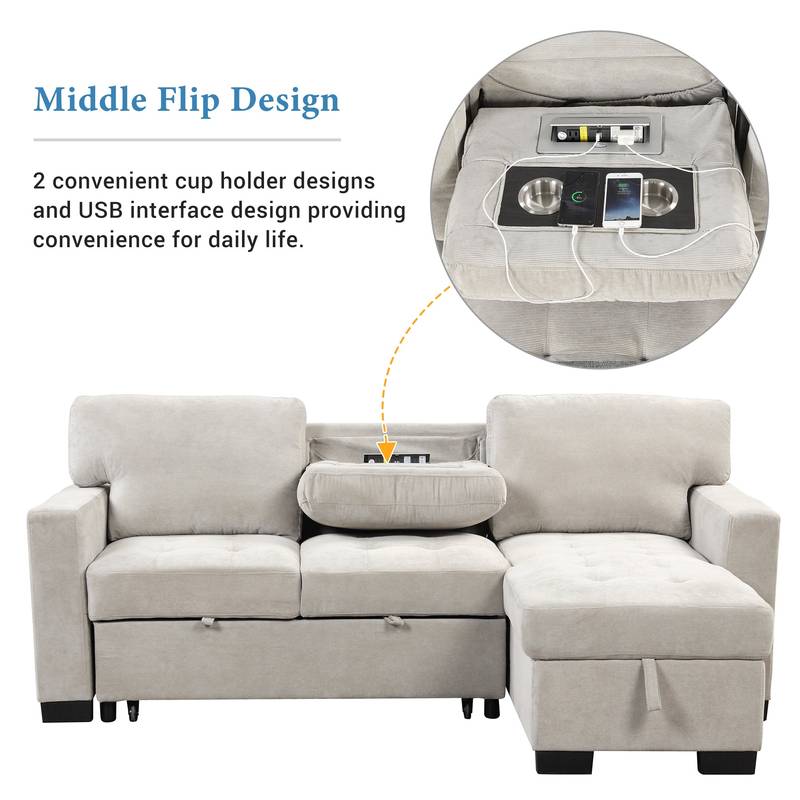 Chic Light Gray Chaise Lounge with Hidden Storage and USB Charger