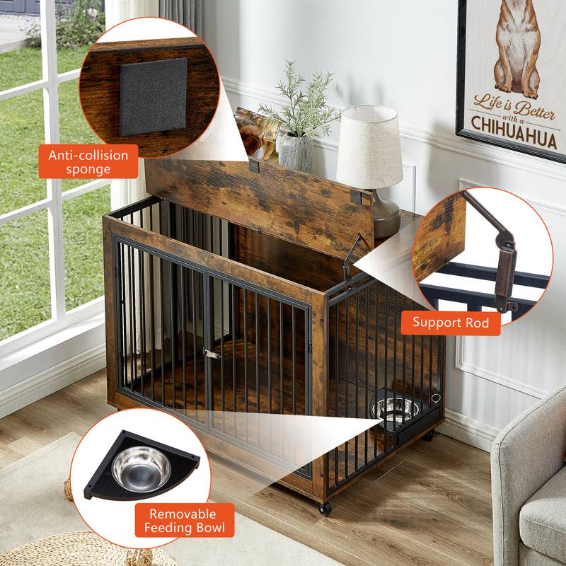 Rustic Dog Den & Side Table with Feeding Bowl