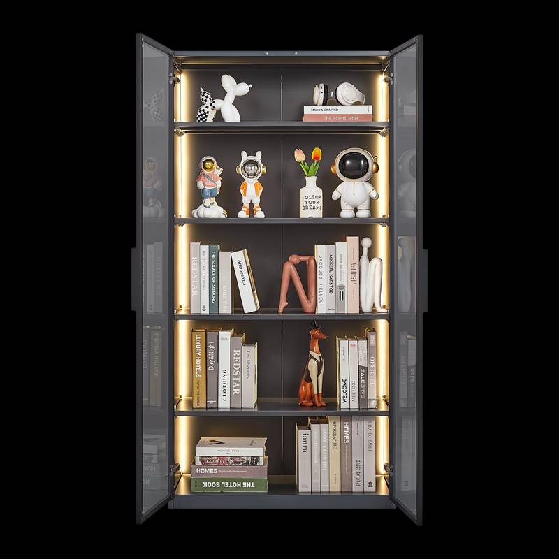 Stylish Double Door Glass Display Cabinet with LED Lights