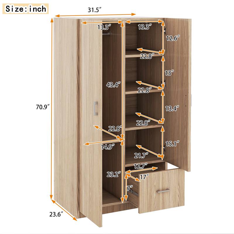 Natural Wooden Double Door Armoire with Shelves & Rod