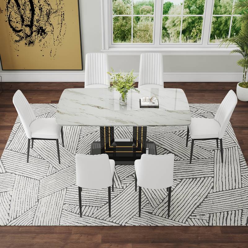 Chic Faux Marble Dining Set with U-Shaped Legs and Stylish Chairs