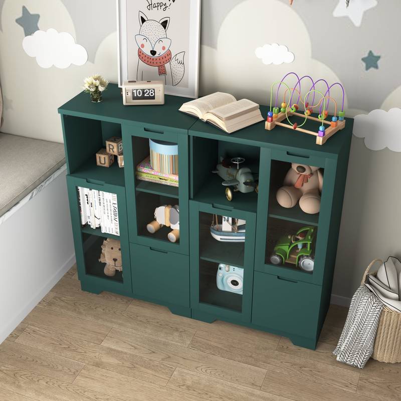 Chic Green Cabinet with Glass Doors and Open Storage