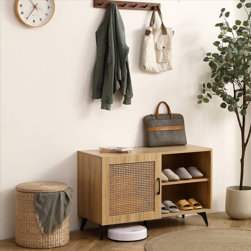 Chic Rattan Shoe Cabinet with Wooden Handle