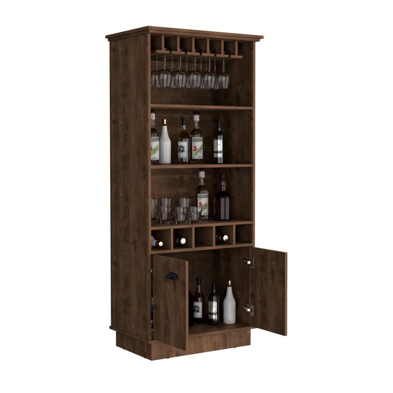 Dundee Tall Glass Bar Cabinet with Shelves and Cubbies