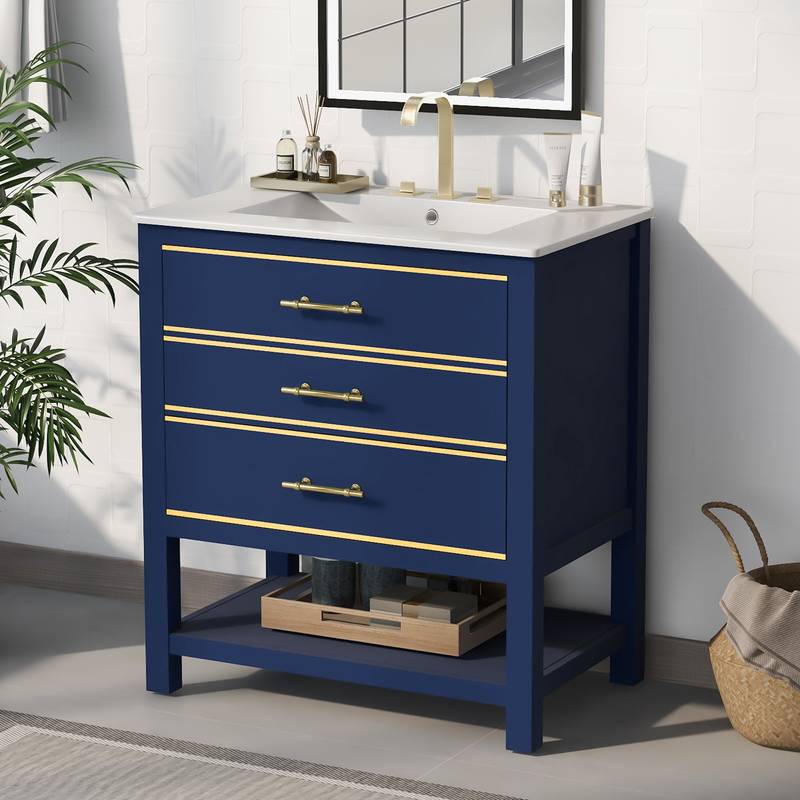 Navy Bliss: Stylish Bathroom Vanity with Open Storage
