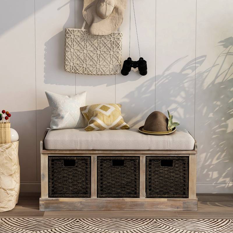 Chic Rustic Storage Bench with Woven Baskets and Cozy Cushion
