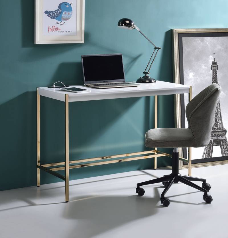 Chic White & Gold Writing Desk with USB Hub