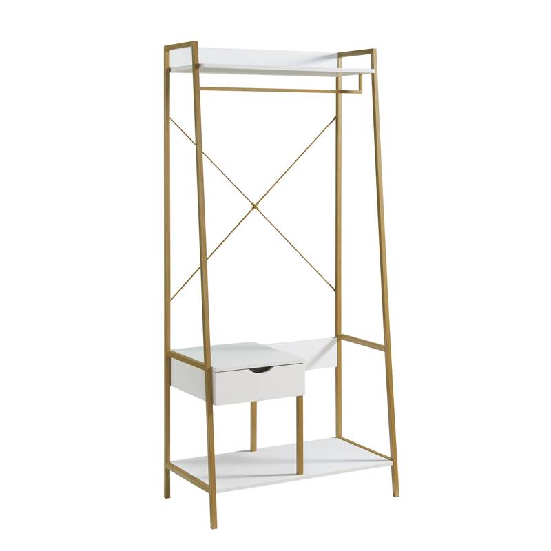 Chic White & Gold Clothes Rack with Open Shelves
