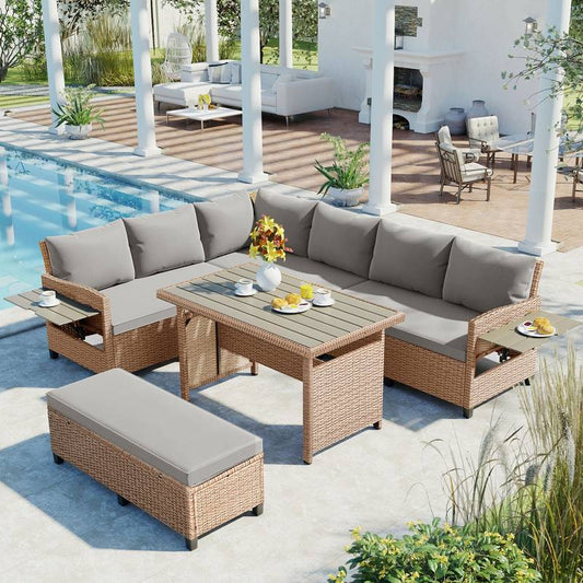 Cozy Rattan Patio Sofa Set with Extendable Tables