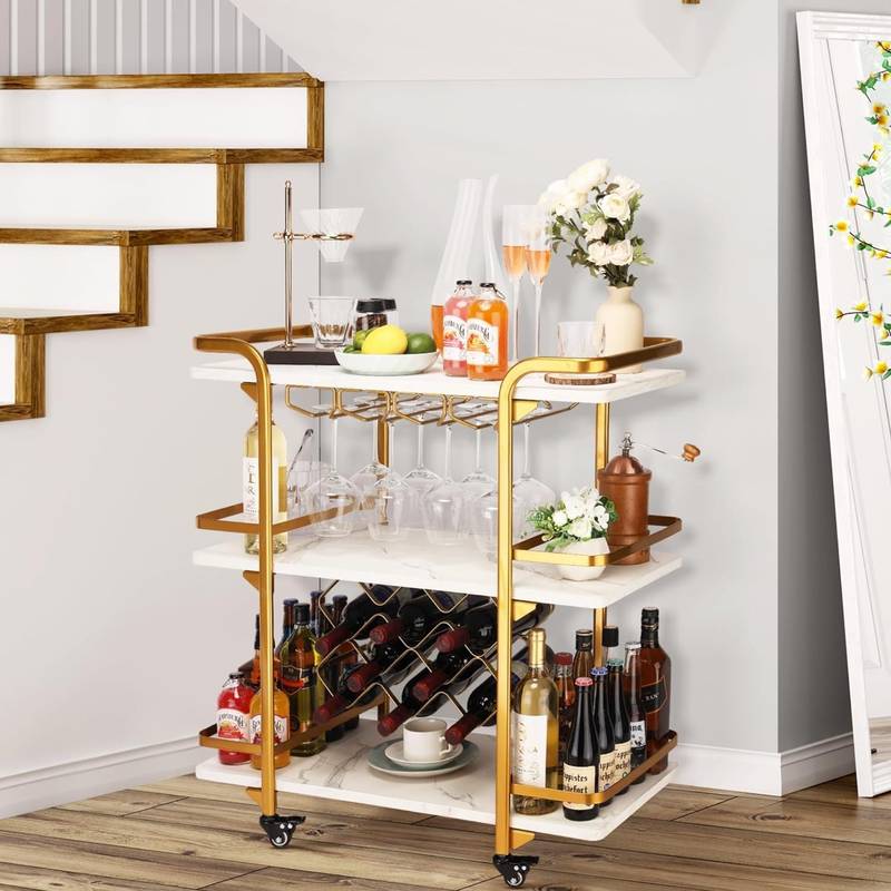 Glam Gold Bar Cart - Chic 3-Tier Storage & Wine Rack on Wheels