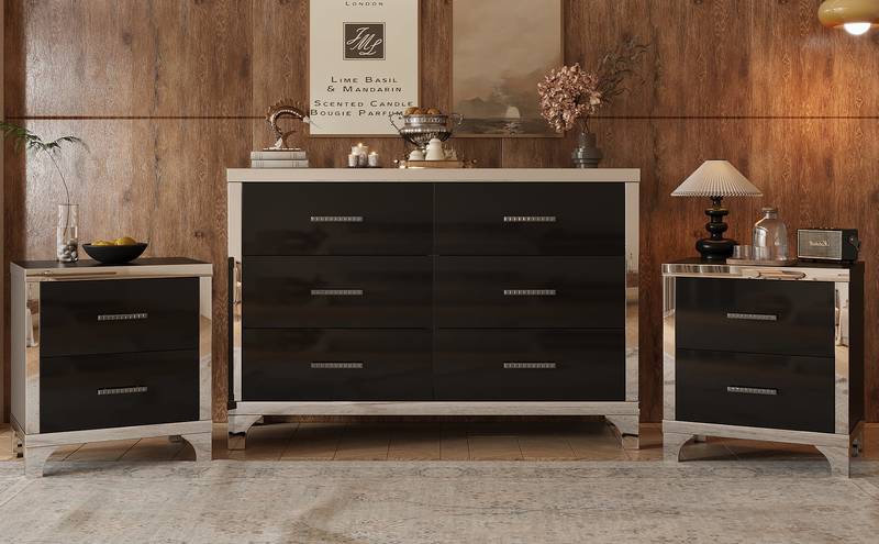 Chic Black Dresser and Nightstand Duo with Mirror Accents
