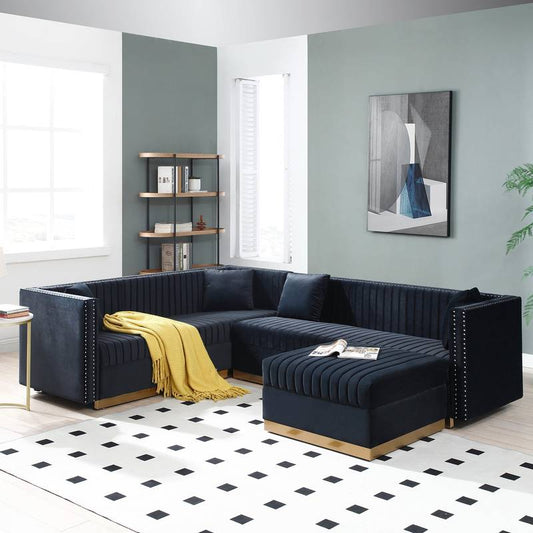 Chic Velvet Corner Sofa with Ottoman & Pillows