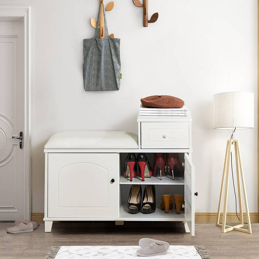 Cozy White Shoe Storage Bench with Cushion and Adjustable Drawer