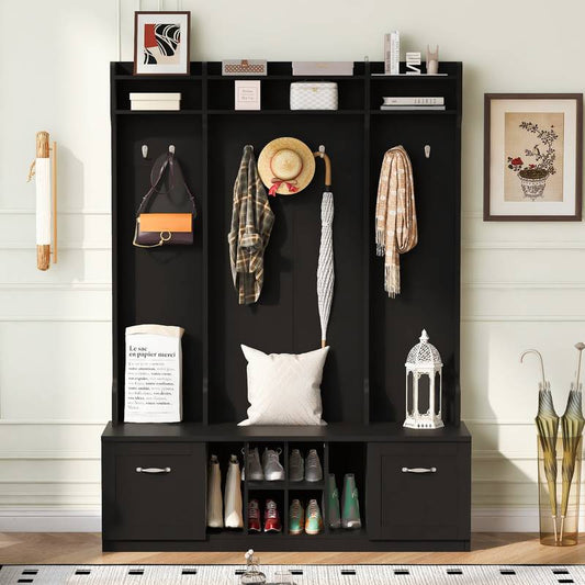 All-in-One Entryway Bench with Coat Rack & Storage