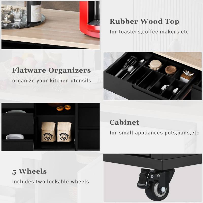 Versatile Kitchen Cart with Rubber Wood Top and Smart Storage