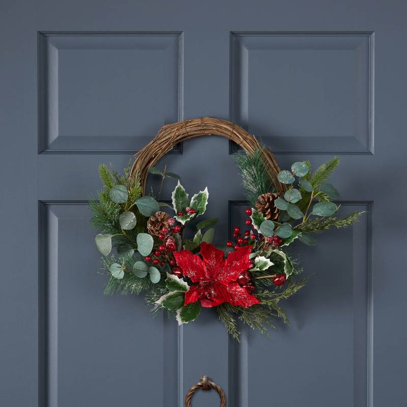 Festive Poinsettia & Eucalyptus Half Wreath
