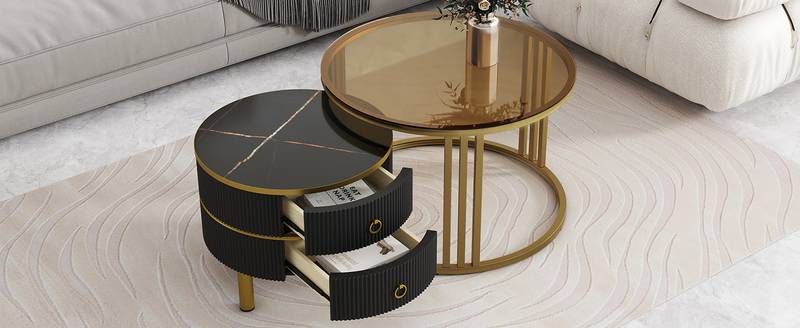 Chic Nesting Coffee Tables with Drawers - Sleek Round Design in Black and Brown Glass