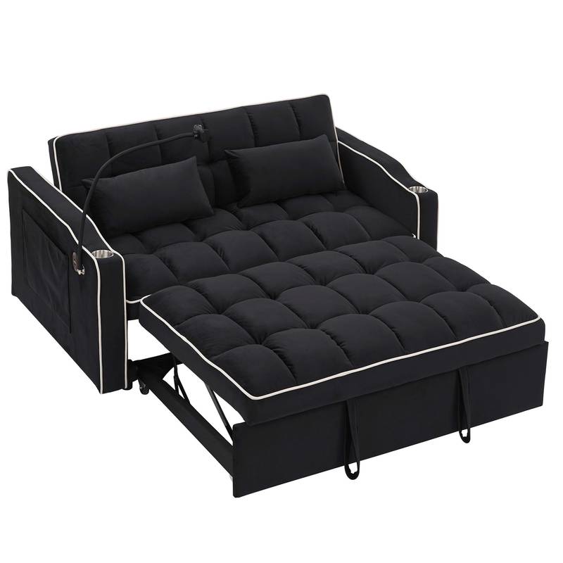 Cozy Convertible Velvet Sofa Bed with USB, Ashtray & Swivel Stand