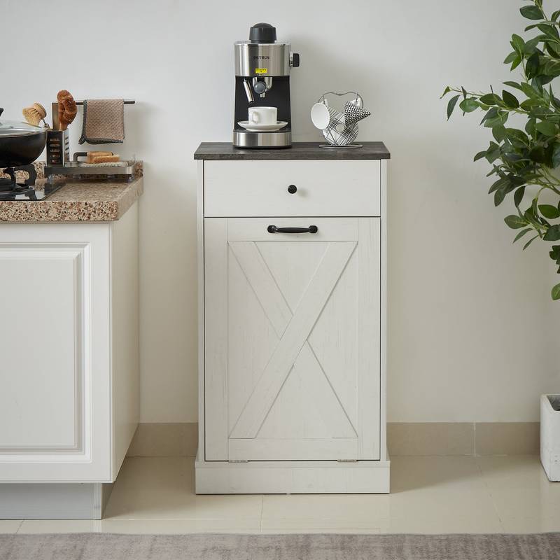 Sleek White Tilt Trash Cabinet