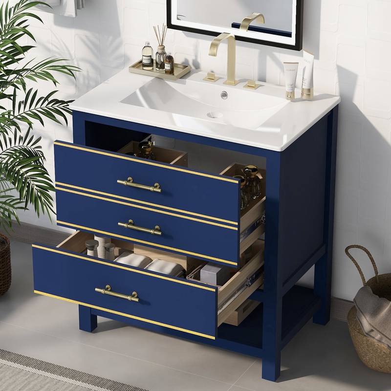 Navy Bliss: Stylish Bathroom Vanity with Open Storage