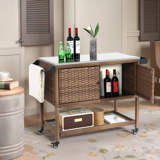 Rolling Wicker Bar Cart - Perfect for Outdoor Gatherings!