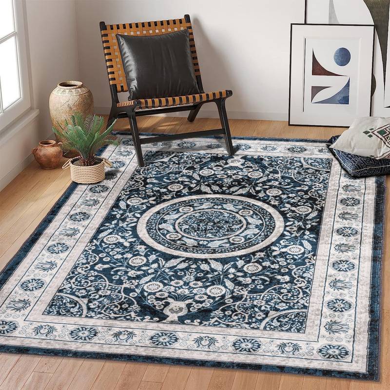 Navy Blue Vintage Bohemian Flower Area Rug