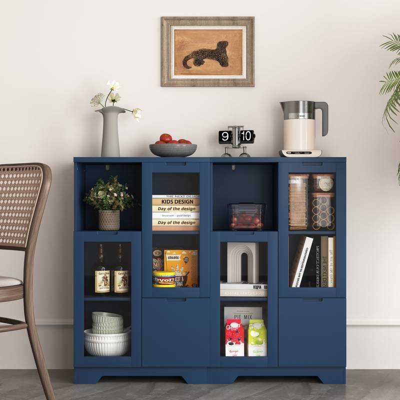 Navy Blue Glass-Front Cabinet with Open Storage