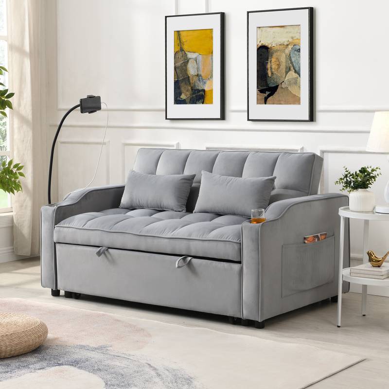 Chic Velvet Convertible Loveseat with Pullout Bed & Reclining Backrest