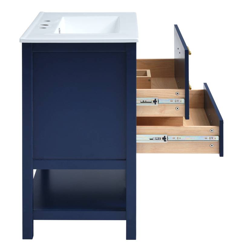 Navy Bliss: Stylish Bathroom Vanity with Open Storage