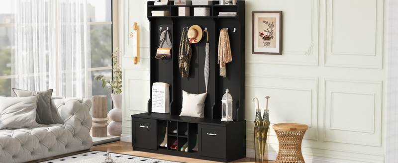 All-in-One Entryway Bench with Coat Rack & Storage