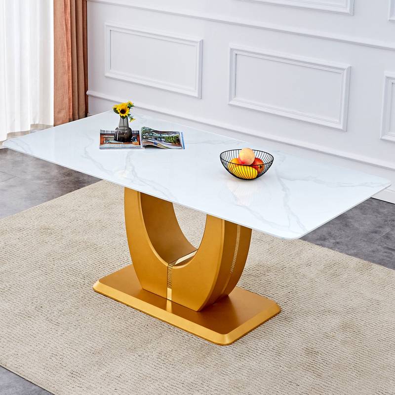 Elegant Marble-Style Dining & Desk Table with Gold Legs