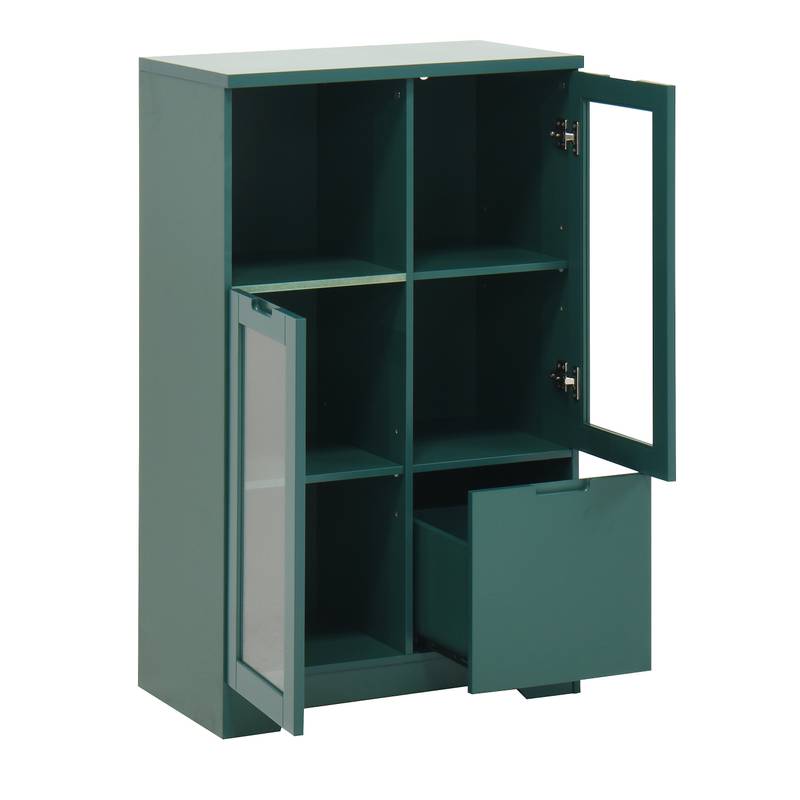 Chic Green Cabinet with Glass Doors and Open Storage