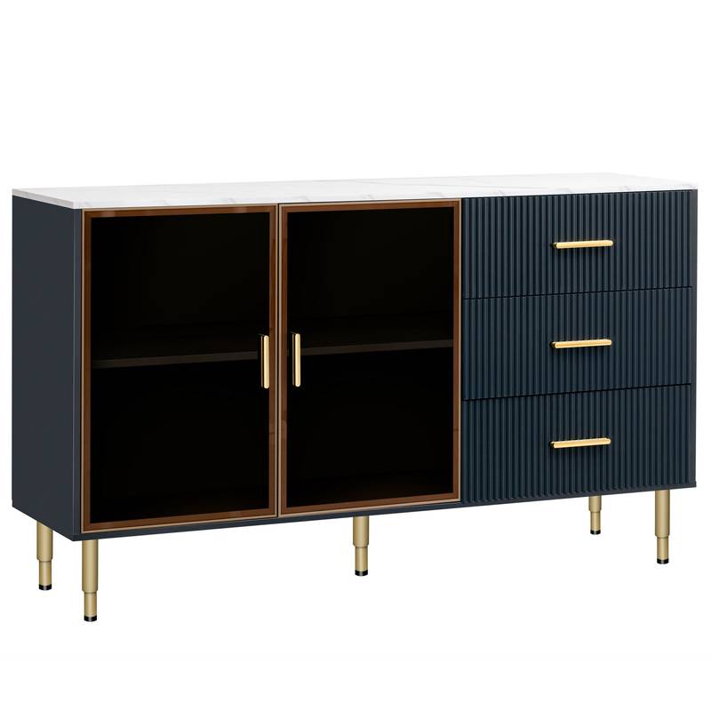 Chic Navy Buffet with Marble Top and Glass Doors