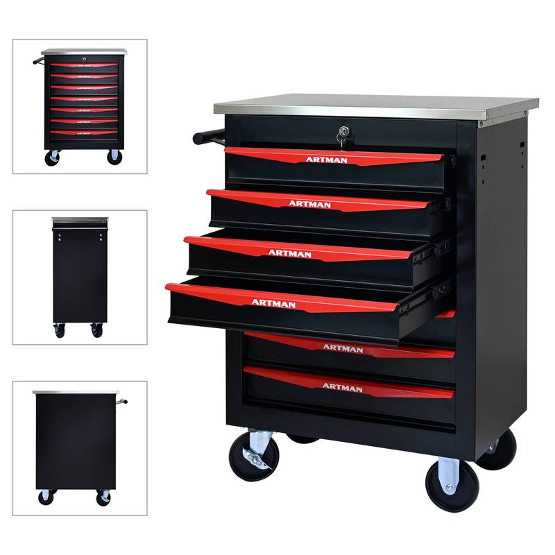 Rolling Tool Cart with Stainless Steel Top - Black & Red