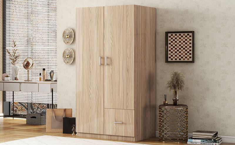 Natural Wooden Double Door Armoire with Shelves & Rod
