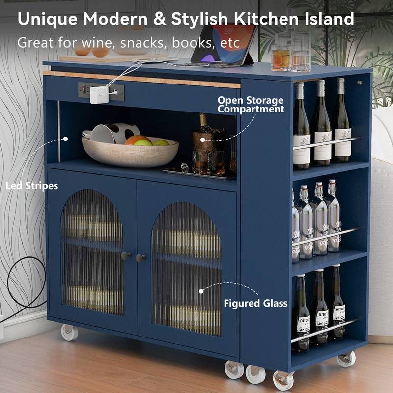 Navy Rolling Kitchen Island with LED Lights & Storage