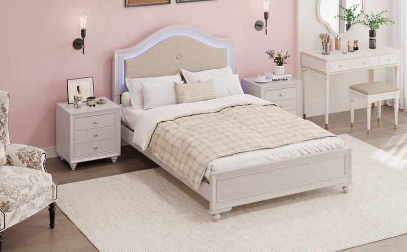 Cozy Glow Bedroom Set: Wood Bed with LED Headboard & Nightstands in Cream Grey