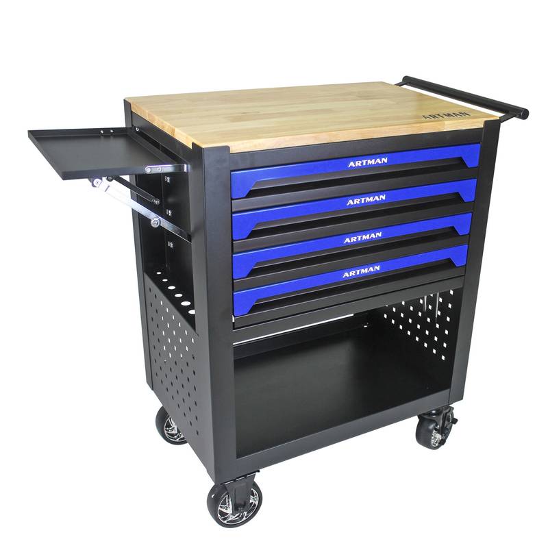 Blue Rolling Tool Cart with Wooden Top and 4 Drawers