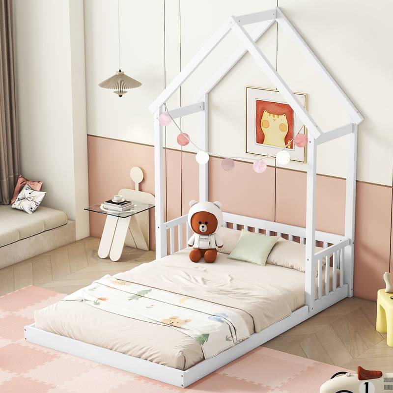 Cozy White Floor Bed with Guardrails