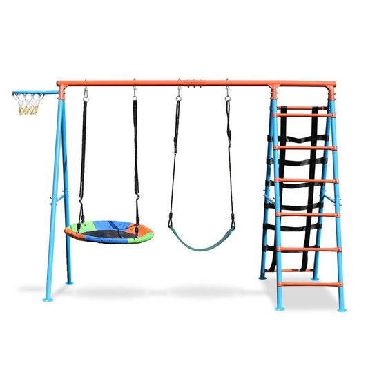 Backyard Adventure Swing Set with Basketball Hoop and Climbing Fun