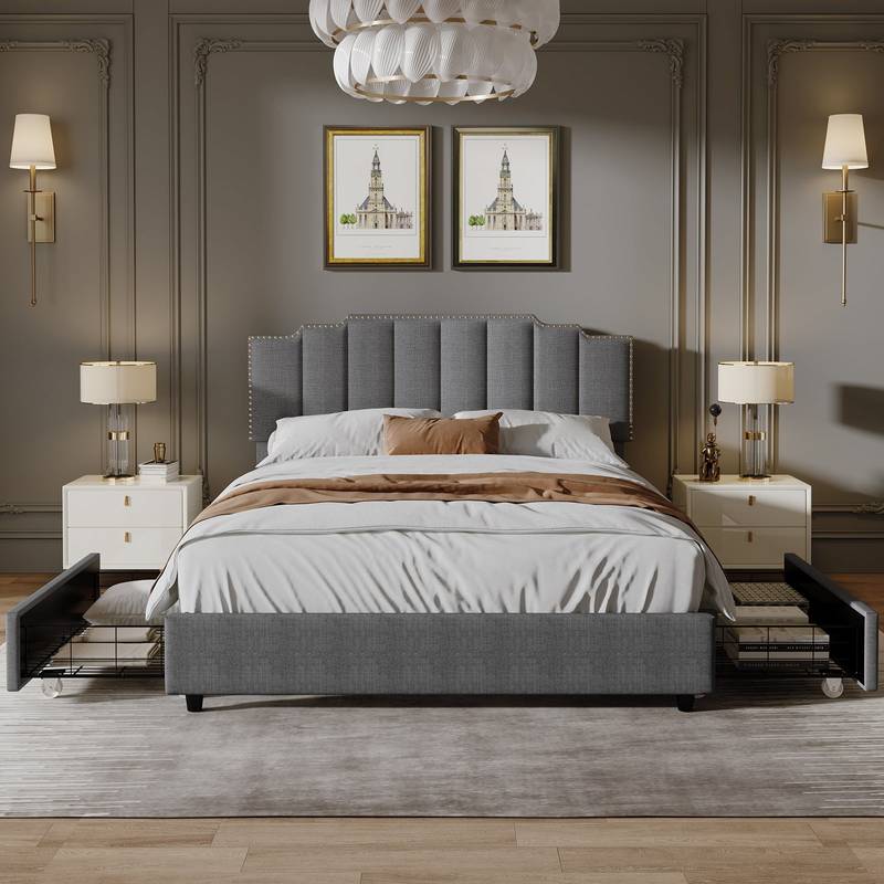 Stylish Grey Upholstered Queen Bed with Storage Drawers