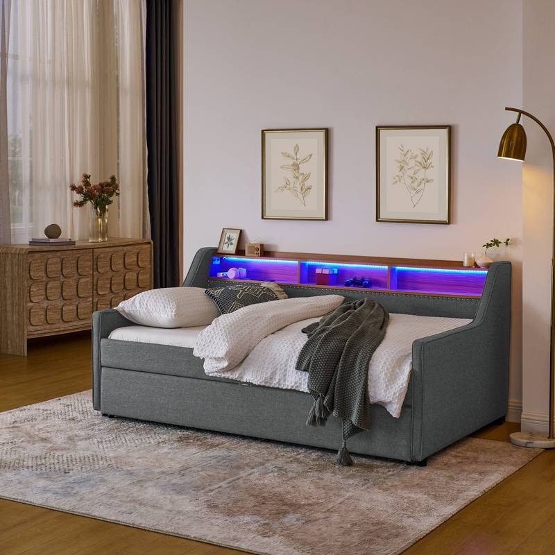 Cozy Twin Sofa Bed with LED Lights & Wireless Charging