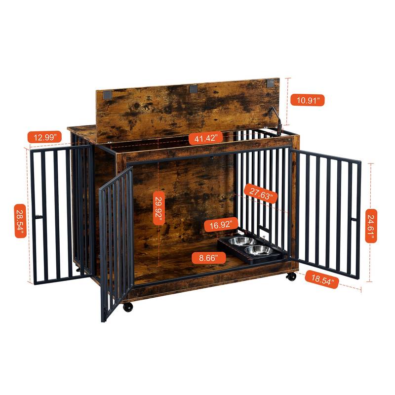 Rustic Dog Crate Side Table with Feeding Bowl and Wheels