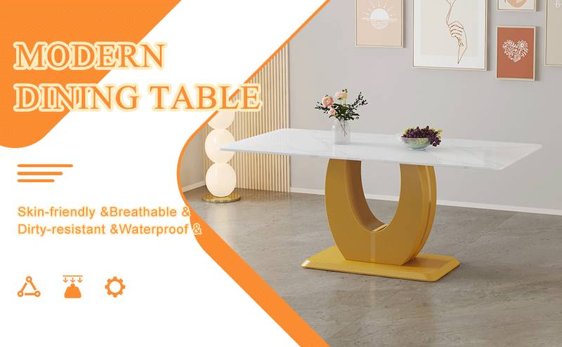 Elegant Marble-Style Dining & Desk Table with Gold Legs