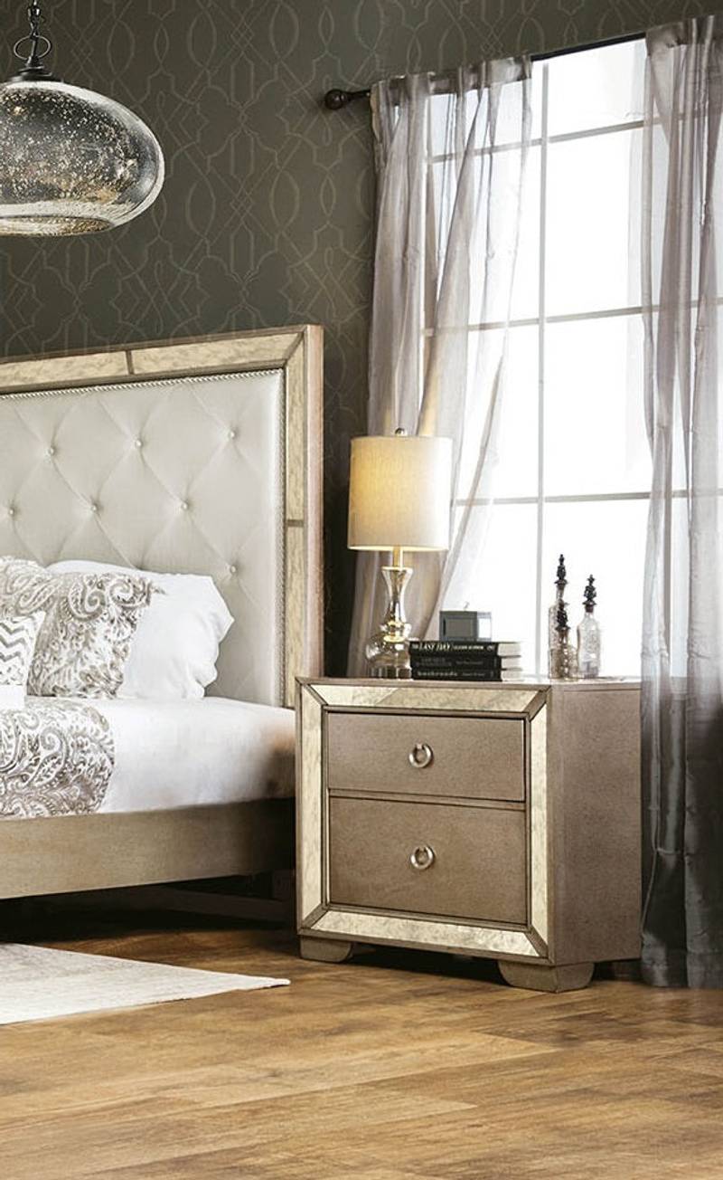 Glamorous Gray Nightstand with Antique Mirror Accents